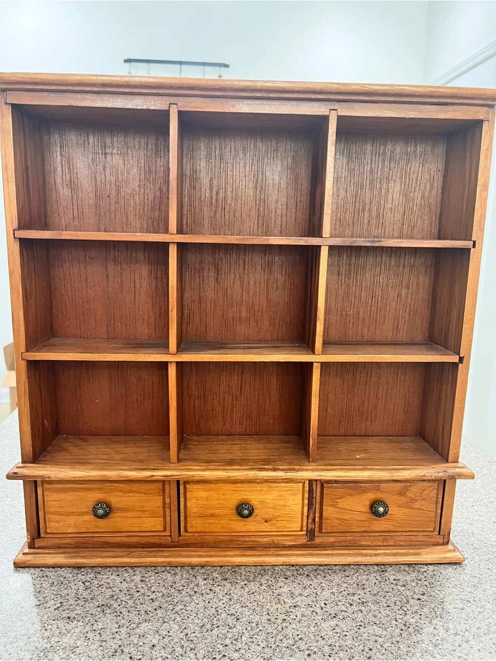 Vintage Wooden Multi-Cubby Trinket Wall Shelf with Drawers - Brown 14.75” tall
